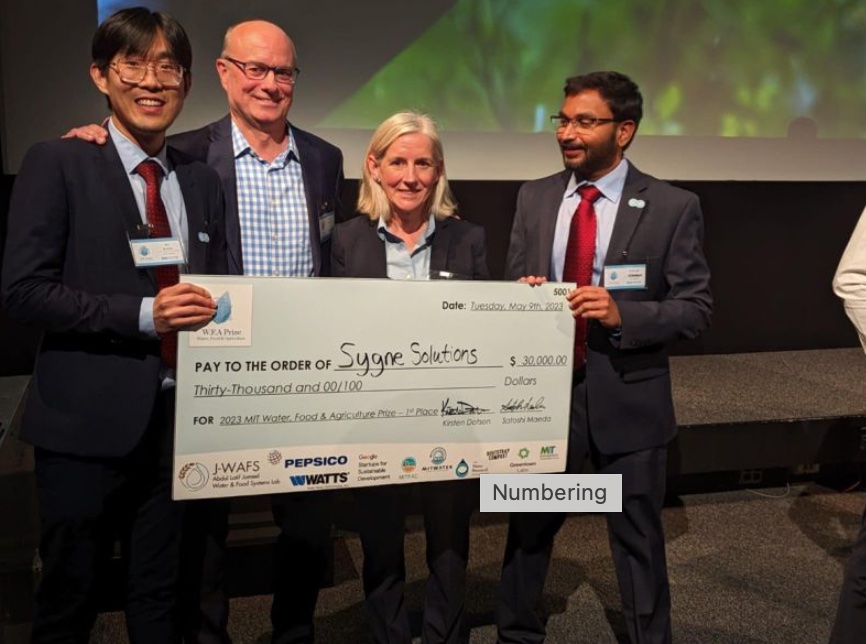 Sygne Solutions was presented with a $30,000 prize at the 2023 MIT Water, Food & Agriculture Prize competition in Boston, MA 