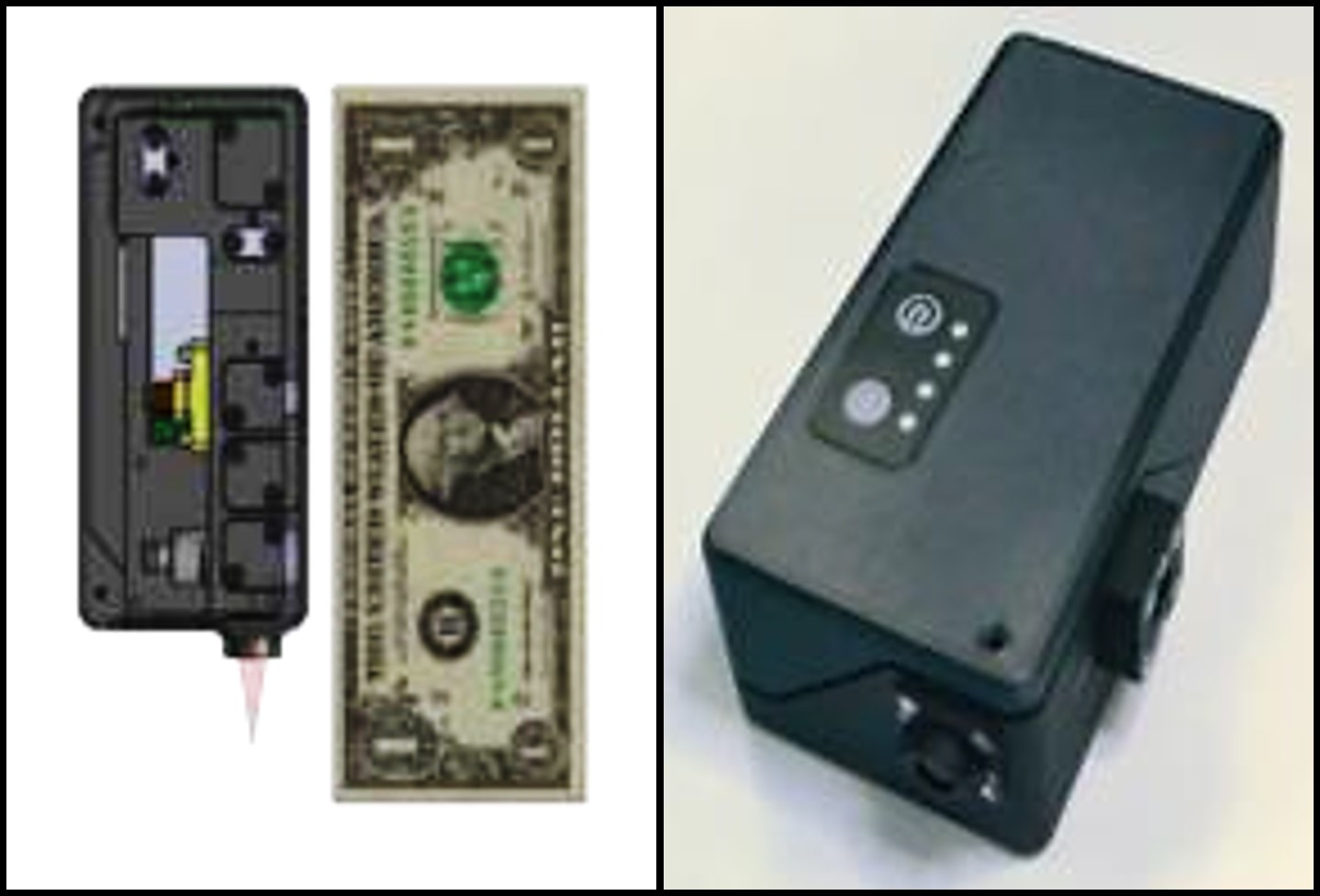 Pictured on the left is a Solidworks model of the dual Raman and fluorescence spectrometer highlighting the Lab-in-your-Palm form. On the right is an image of the assembled dual spectrometer. 