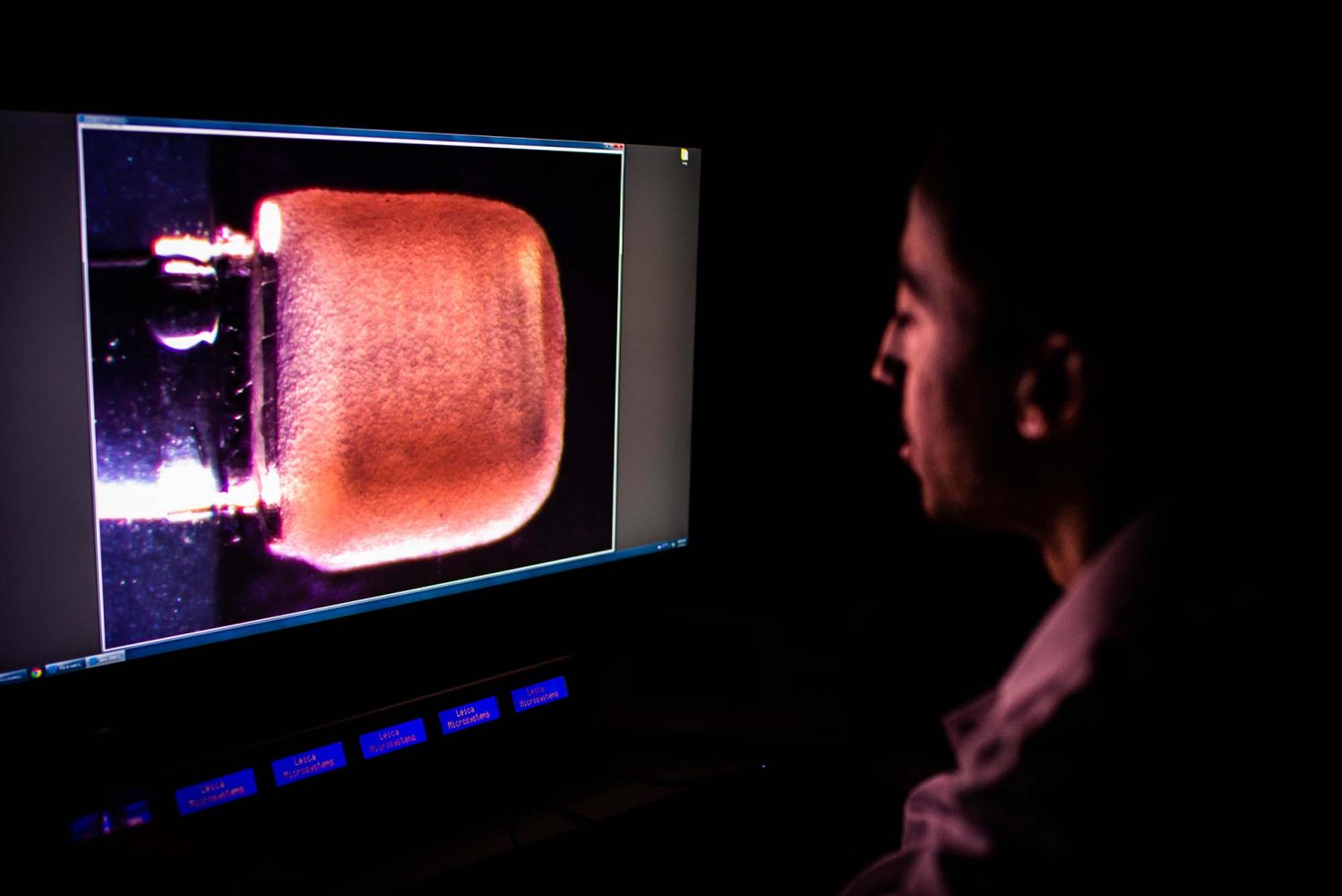 Figure 2. Christos Michas taking a real-time side view image of the miniPUMP in the lab. The scaffold that gives structure to the heart cells—without exerting any active force on them—can be seen 