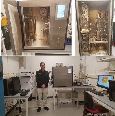 Microactivity Effi reactor by Micromeritics (top left) and Micro-BTRS reactor by Autoclave Engineers (top right), with Evan Sowinkski of Purdue University overseeing installation of the testbeds (belo