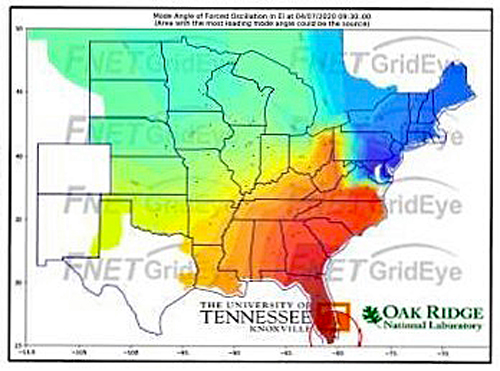 The dark red area is the estimated source location of the forced oscillation.