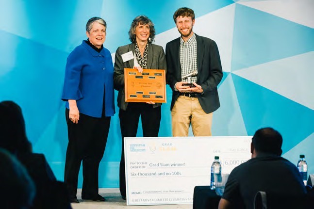 ReNUWIt PhD candidate Joe Charbonnet accepting the award for the UC-wide Grad Slam competition from University of California President Janet Napolitano and UC Berkeley Vice Provost for Graduate Studie