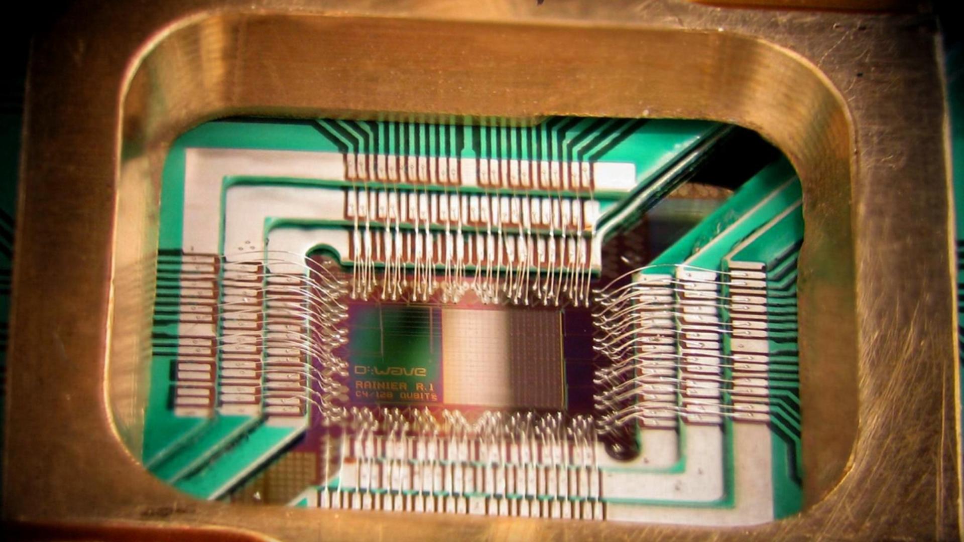 Close-up photo of a quantum computing processor chip